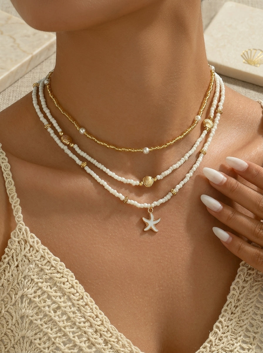 Bohemian Handmade Bead Stacked Choker Delicate Starfish Shell Pendant Necklace Women's Summer Beach Party Vacation Jewelry