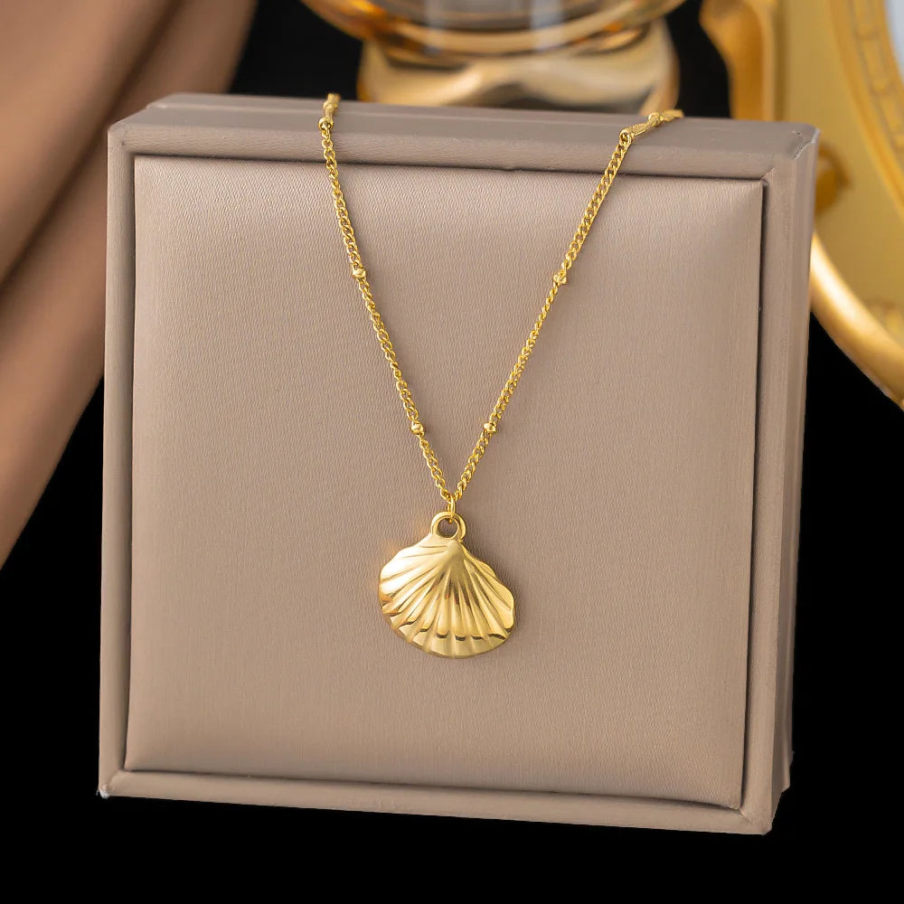 Colar feminino concha 14k banhado a ouro aço inoxidável em camadas estrela do mar concha pérola charme colar verão praia jóias