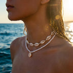 Colares Boêmios de Conchas em Camadas Duplas para Mulheres, Feitos à Mão com Contas de Arroz Brancas, Colar Curto Choker para Festa na Praia