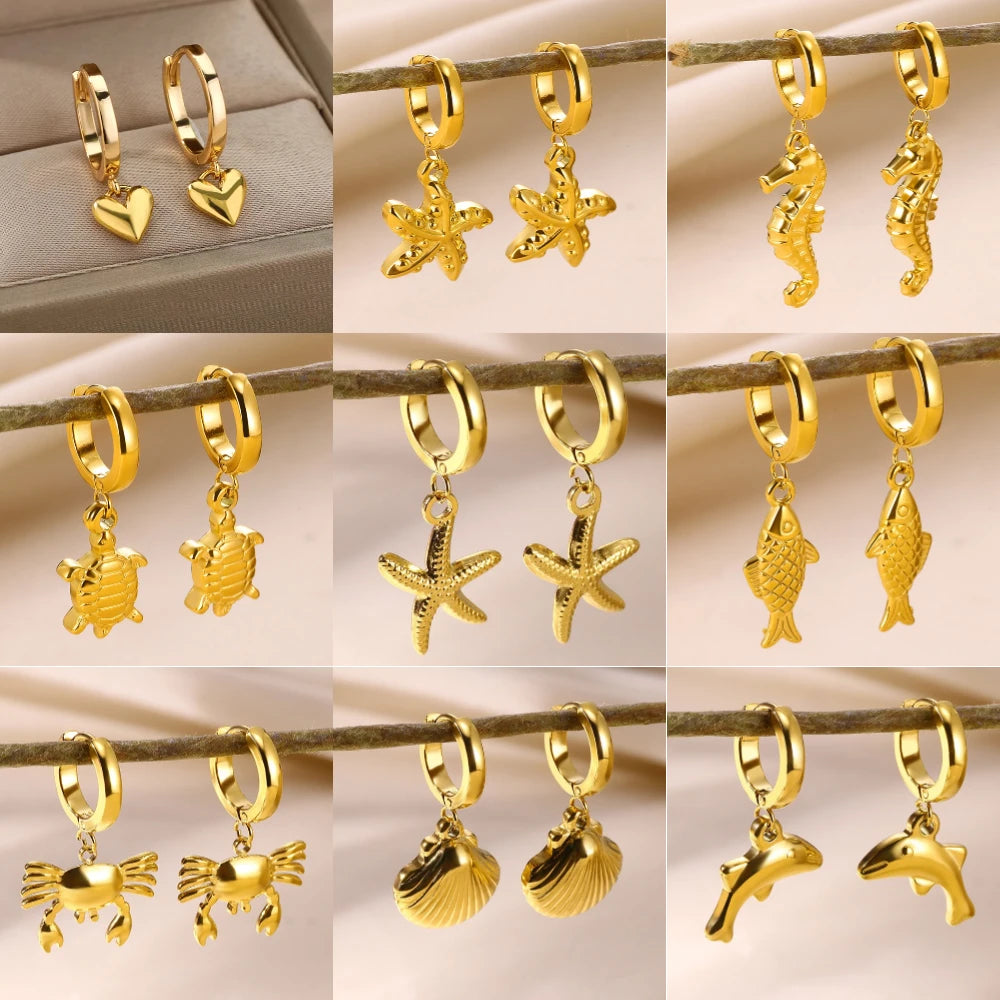 Brincos de argola de concha de estrela do mar de água doce para mulheres elegantes de aço inoxidável cor dourada aretes acessórios de joias de natal