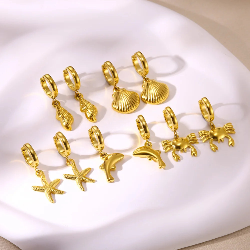 Brincos de argola de concha de estrela do mar de água doce para mulheres elegantes de aço inoxidável cor dourada aretes acessórios de joias de natal