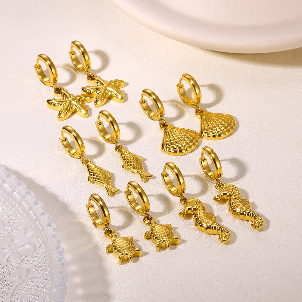 Brincos de argola de concha de estrela do mar de água doce para mulheres elegantes de aço inoxidável cor dourada aretes acessórios de joias de natal