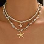 2PCS Bohemian-style beach resort style shell starfish rice bead necklace, creative starfish pendant collarbone chain
