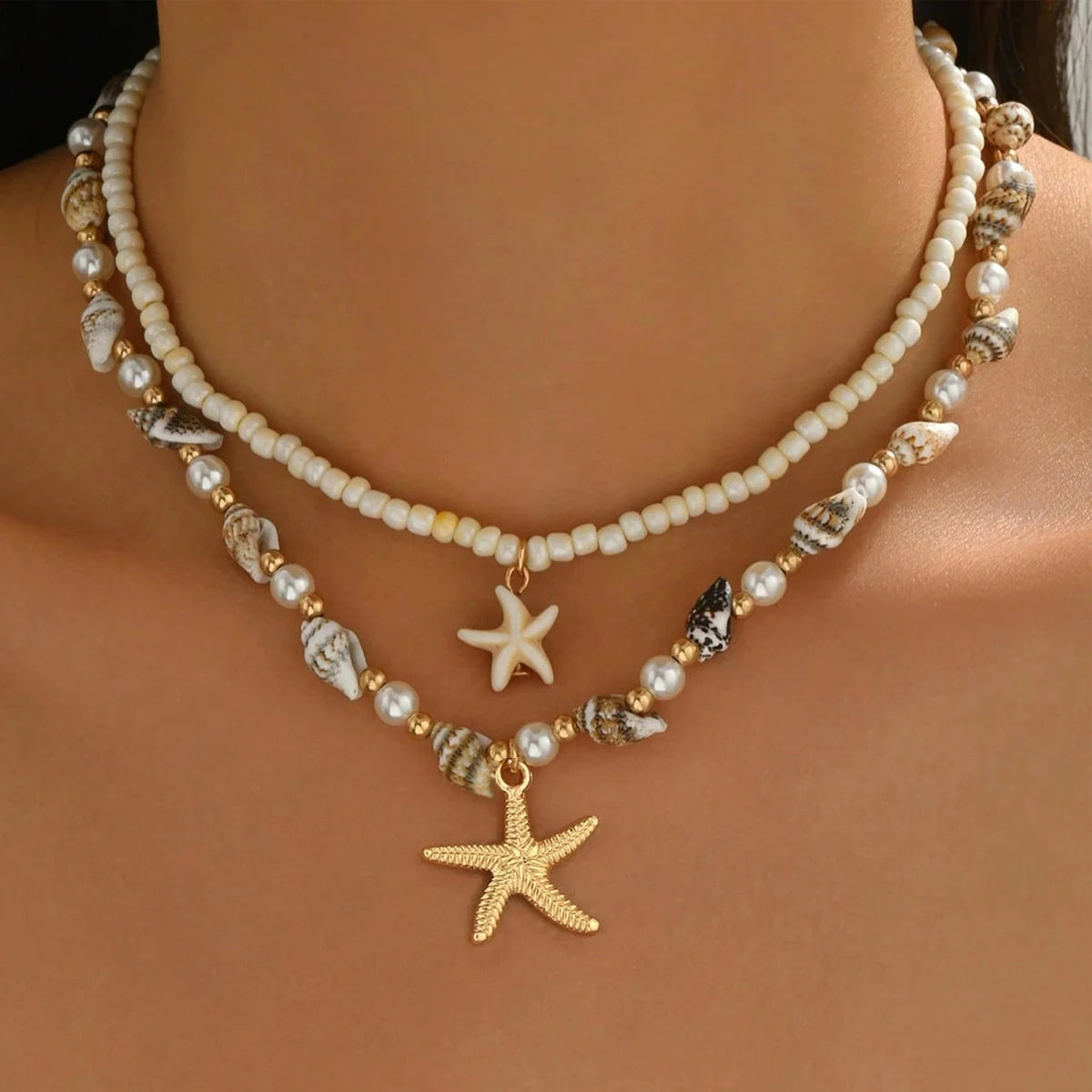 2PCS Bohemian-style beach resort style shell starfish rice bead necklace, creative starfish pendant collarbone chain
