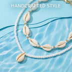 Colares Boêmios de Conchas em Camadas Duplas para Mulheres, Feitos à Mão com Contas de Arroz Brancas, Colar Curto Choker para Festa na Praia