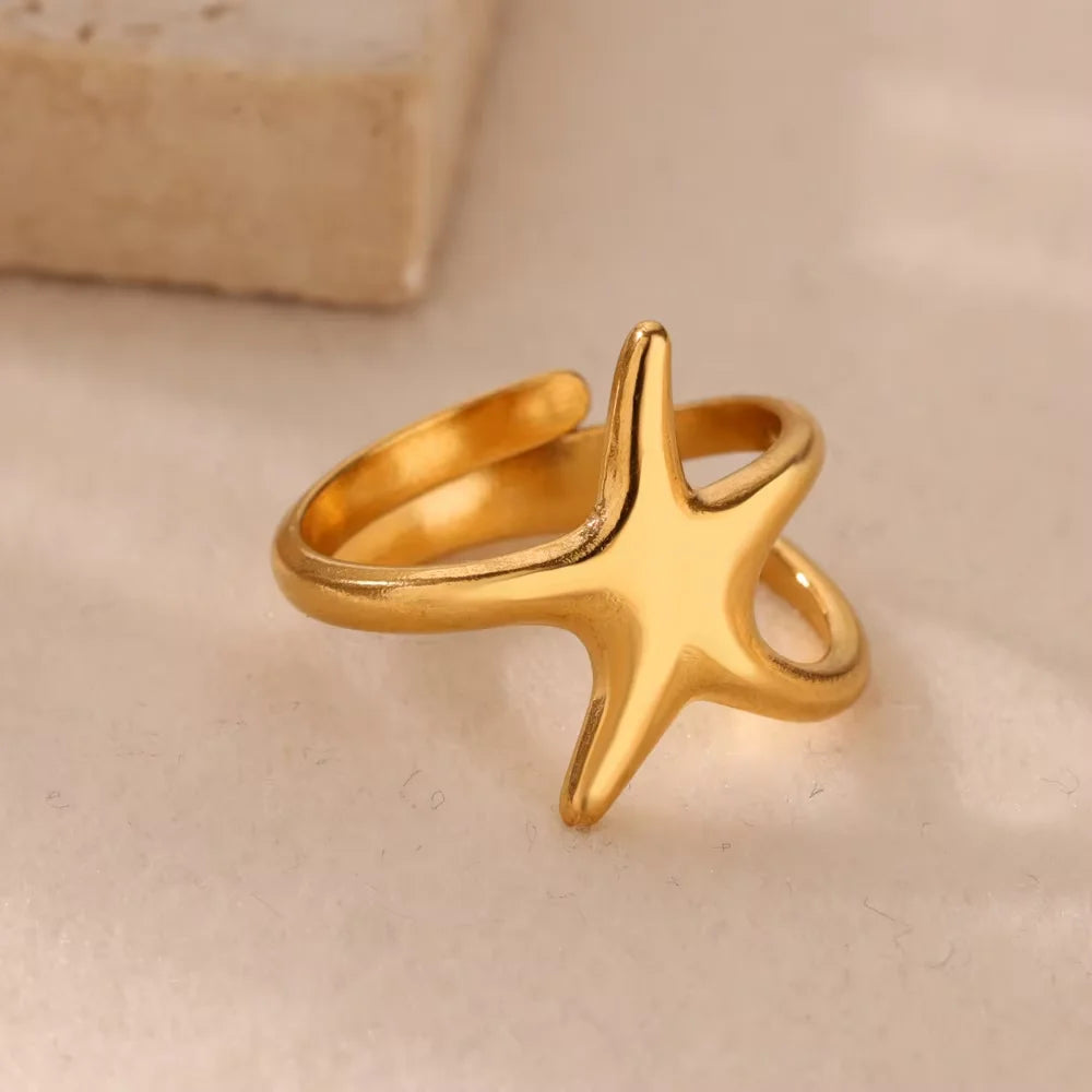 Anéis abertos de concha de estrela do mar oceano para mulheres cor dourada anel de aço inoxidável verão praia estética joias à prova d'água presente