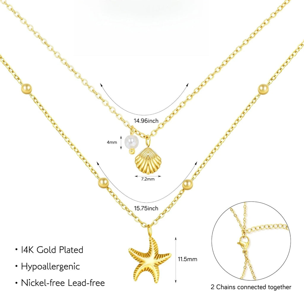 Colar feminino concha 14k banhado a ouro aço inoxidável em camadas estrela do mar concha pérola charme colar verão praia jóias