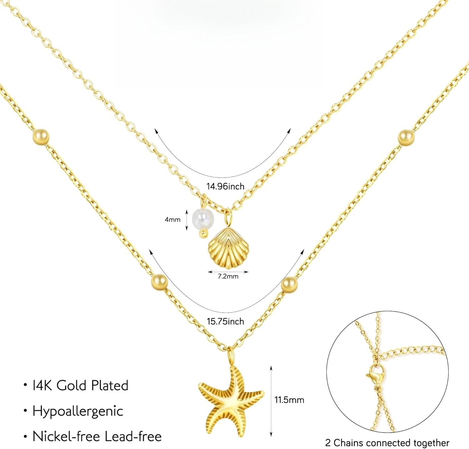 Colar feminino concha 14k banhado a ouro aço inoxidável em camadas estrela do mar concha pérola charme colar verão praia jóias