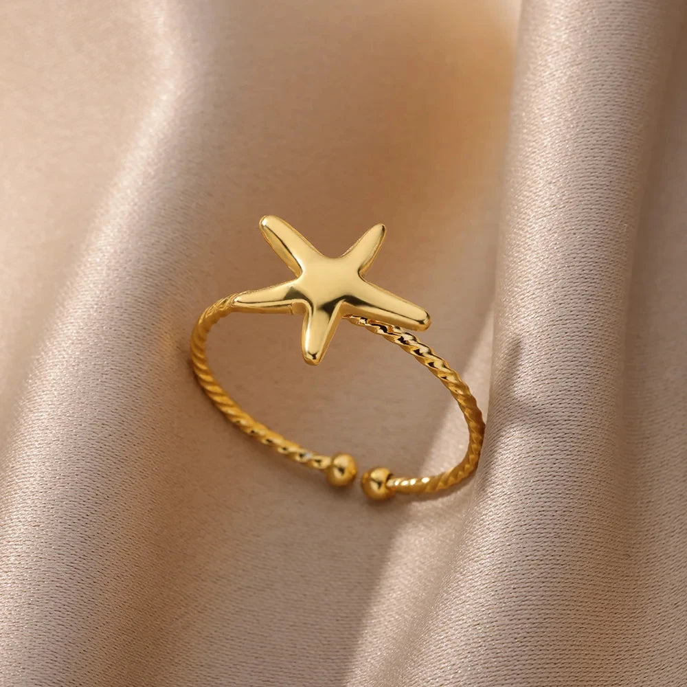 Anéis abertos de concha de estrela do mar oceano para mulheres cor dourada anel de aço inoxidável verão praia estética joias à prova d'água presente