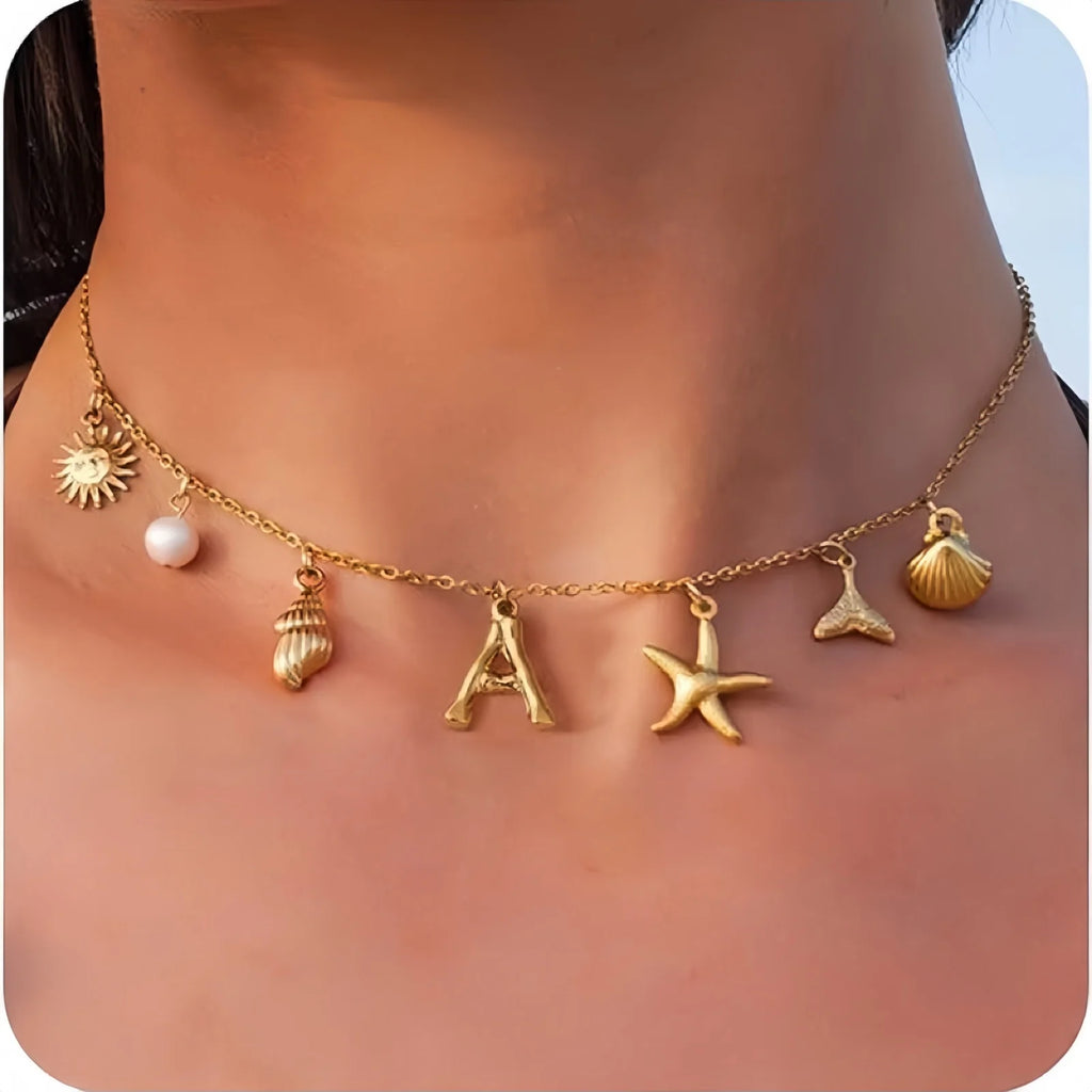 sun estrela do mar concha inicial colar à prova dwaterproof água 18k banhado a ouro aço inoxidável charme colares surfista menina verão praia presente