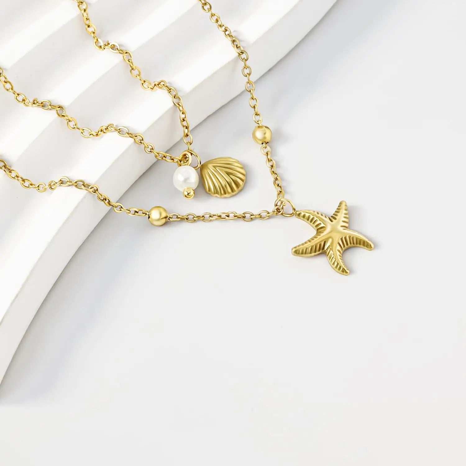 Colar feminino concha 14k banhado a ouro aço inoxidável em camadas estrela do mar concha pérola charme colar verão praia jóias