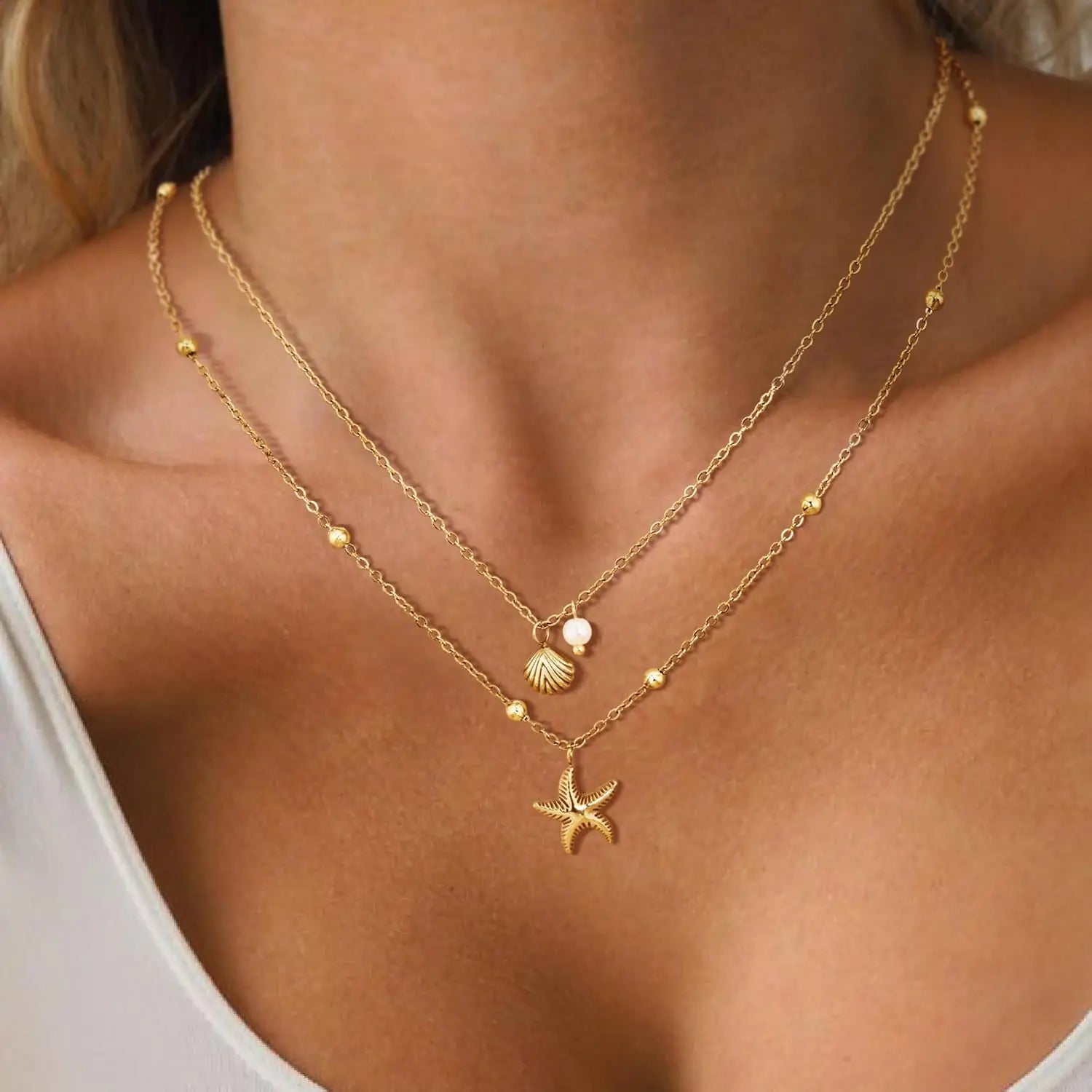 Colar feminino concha 14k banhado a ouro aço inoxidável em camadas estrela do mar concha pérola charme colar verão praia jóias