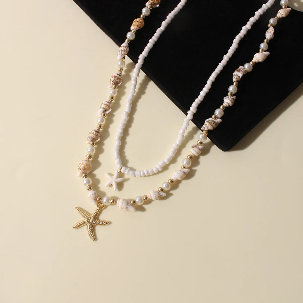 2PCS Bohemian-style beach resort style shell starfish rice bead necklace, creative starfish pendant collarbone chain