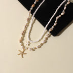 2PCS Bohemian-style beach resort style shell starfish rice bead necklace, creative starfish pendant collarbone chain