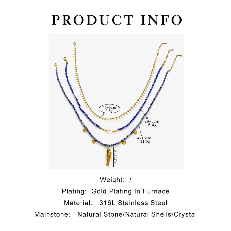 Oceano moda jóias natural lápis-lazúli spinel grânulo colar feminino verão metal peixe pingente versátil acessório
