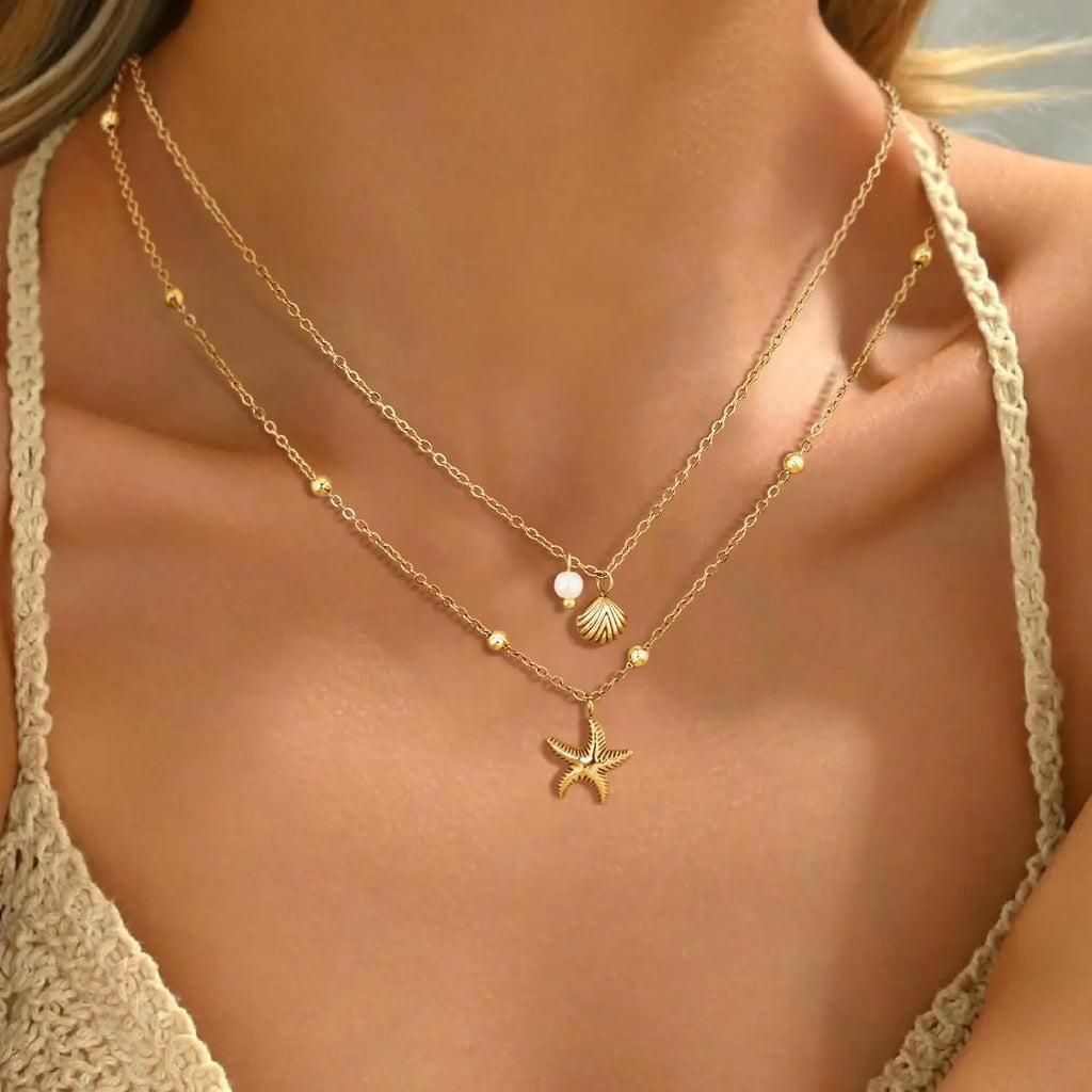Colar feminino concha 14k banhado a ouro aço inoxidável em camadas estrela do mar concha pérola charme colar verão praia jóias
