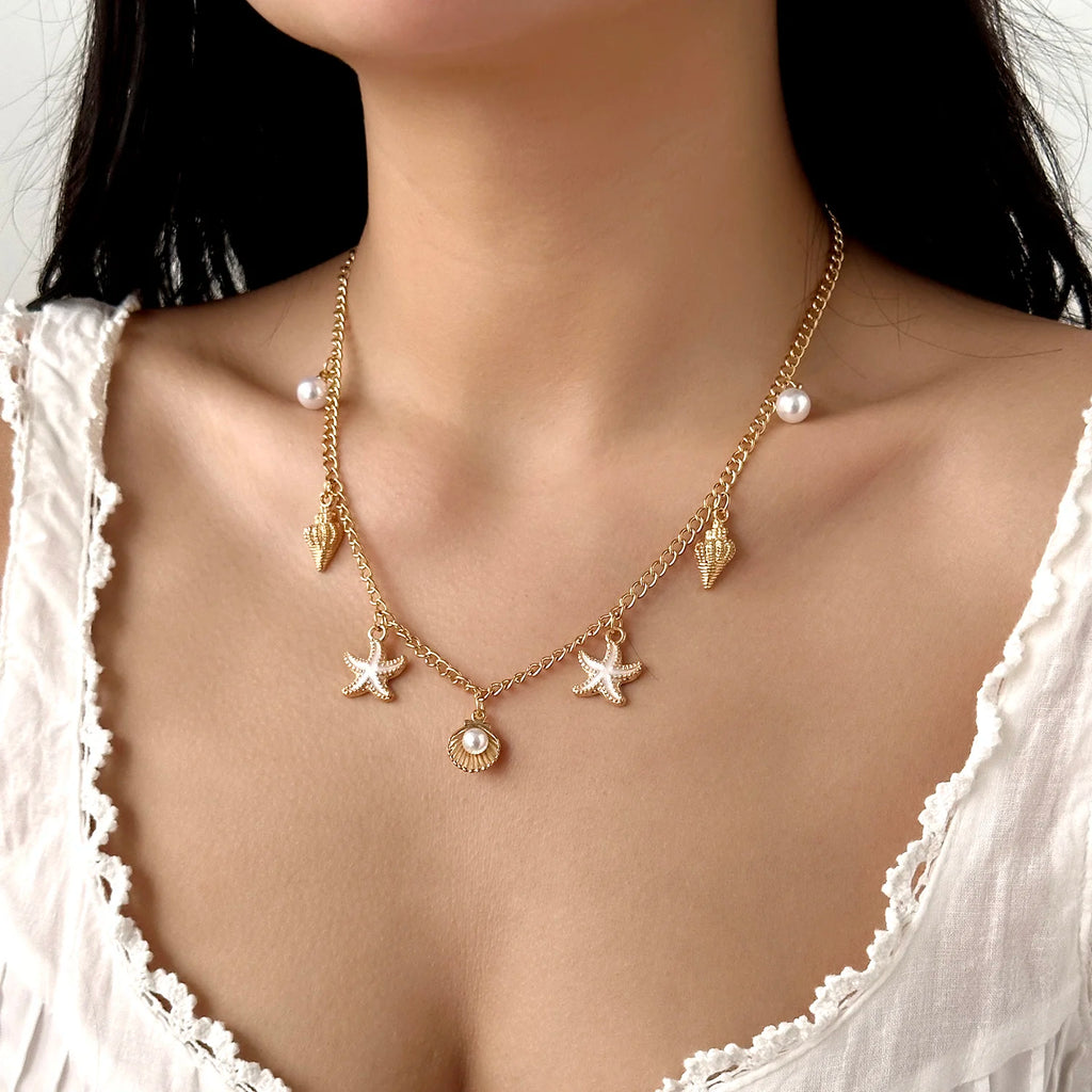 Moda ouro cor estrela do mar concha tartaruga pingente colar para mulheres artesanal concha corrente colar verão praia festa jóias