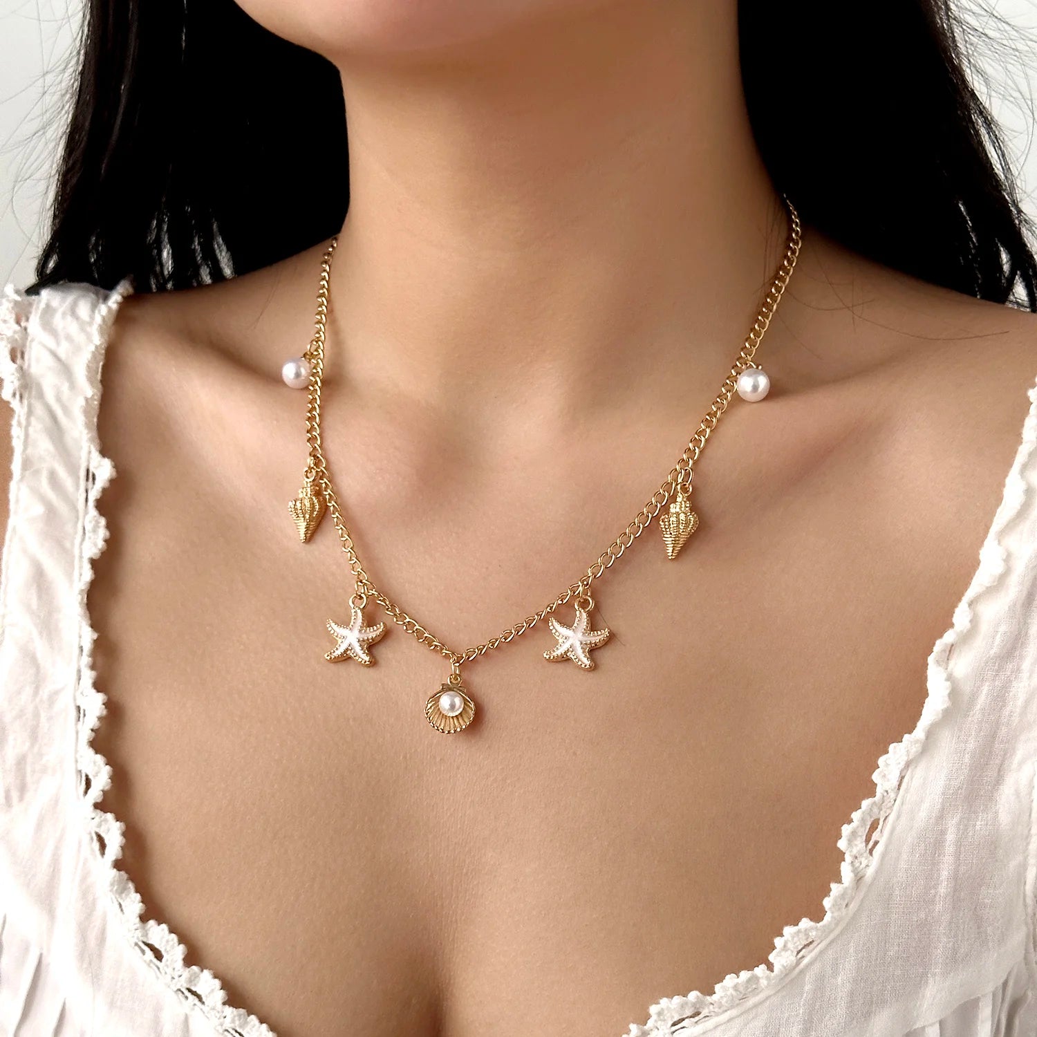 Moda ouro cor estrela do mar concha tartaruga pingente colar para mulheres artesanal concha corrente colar verão praia festa jóias