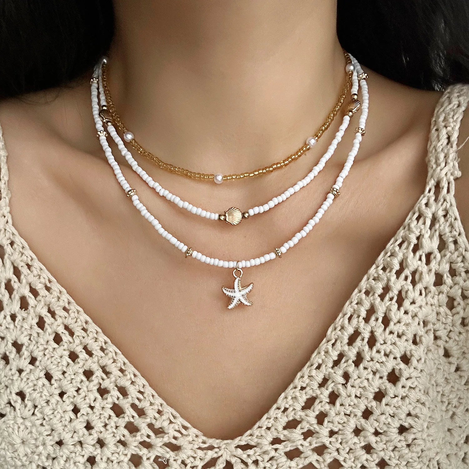 Bohemian Rice Beads Starfish Pendant Necklace for Women Handmade Imitation Pearl Colorful Beaded Choker Summer Beach Jewelry