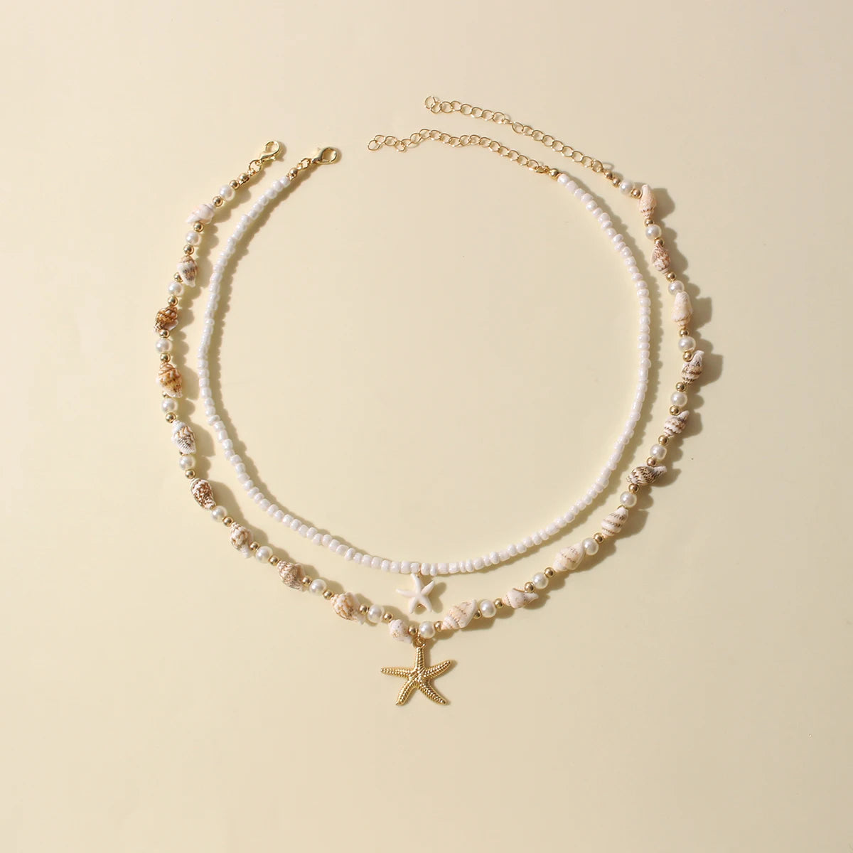 2PCS Bohemian-style beach resort style shell starfish rice bead necklace, creative starfish pendant collarbone chain