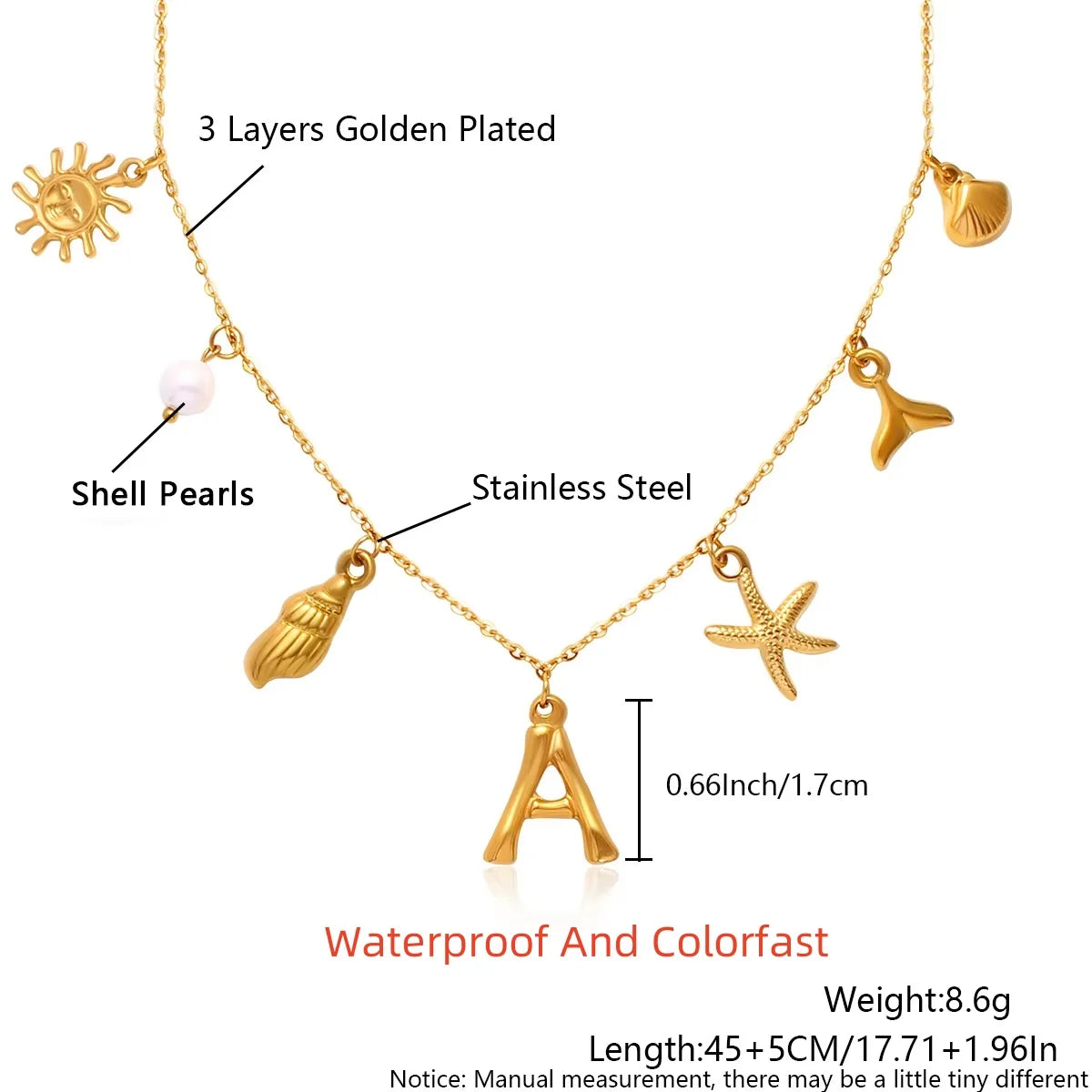 sun estrela do mar concha inicial colar à prova dwaterproof água 18k banhado a ouro aço inoxidável charme colares surfista menina verão praia presente