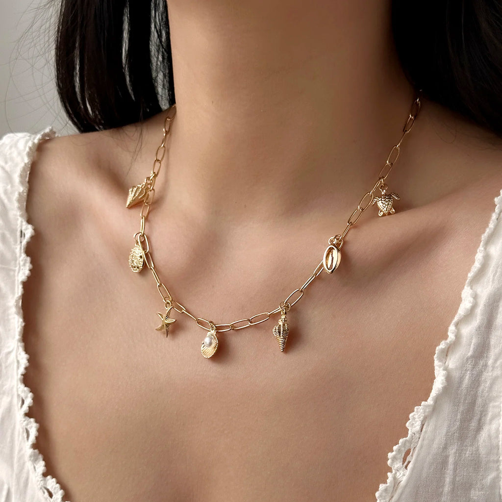 Moda ouro cor estrela do mar concha tartaruga pingente colar para mulheres artesanal concha corrente colar verão praia festa jóias