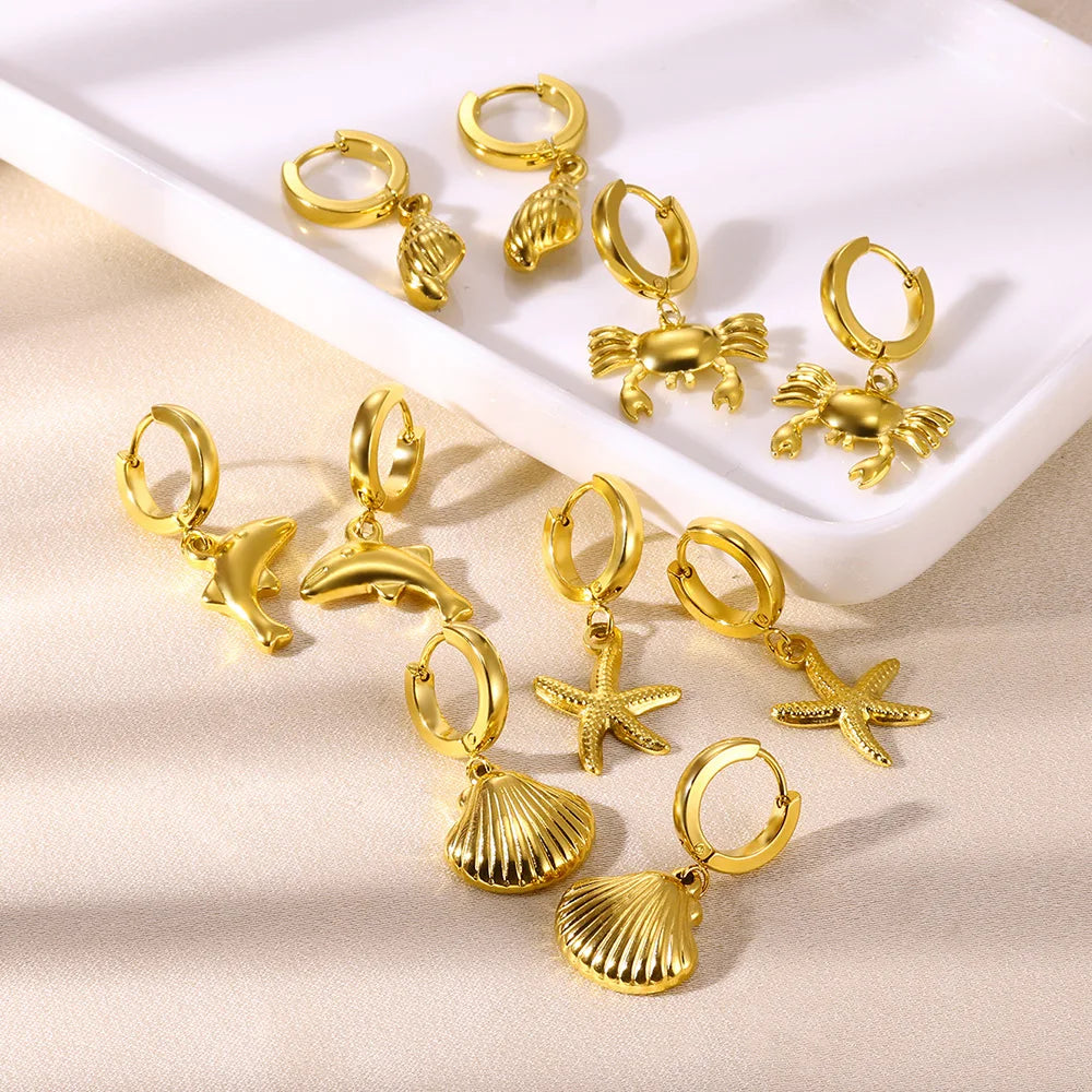 Brincos de argola de concha de estrela do mar de água doce para mulheres elegantes de aço inoxidável cor dourada aretes acessórios de joias de natal
