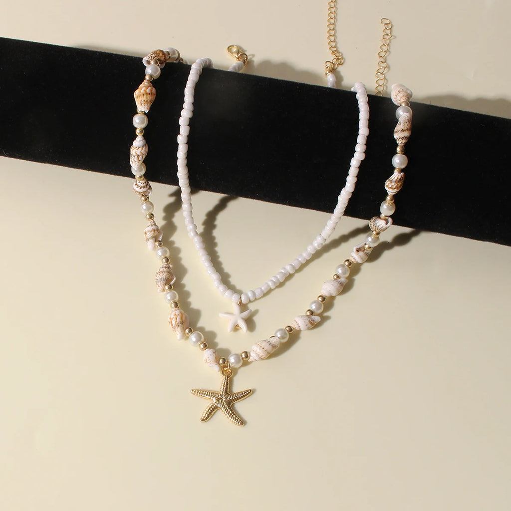 2PCS Bohemian-style beach resort style shell starfish rice bead necklace, creative starfish pendant collarbone chain