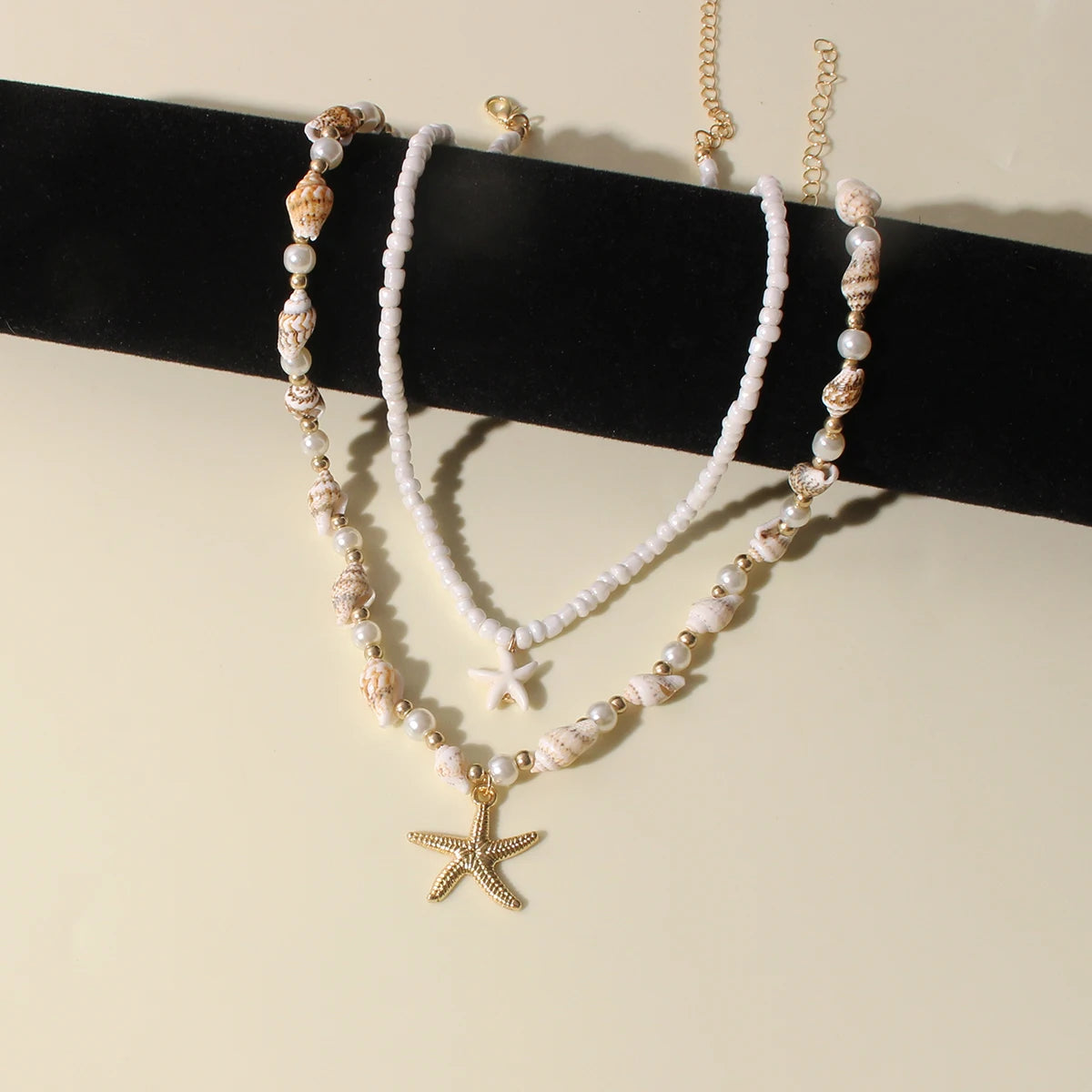 2PCS Bohemian-style beach resort style shell starfish rice bead necklace, creative starfish pendant collarbone chain