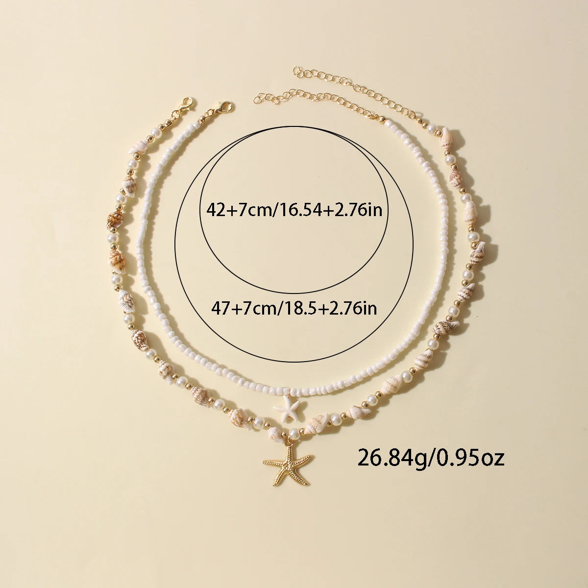 2PCS Bohemian-style beach resort style shell starfish rice bead necklace, creative starfish pendant collarbone chain