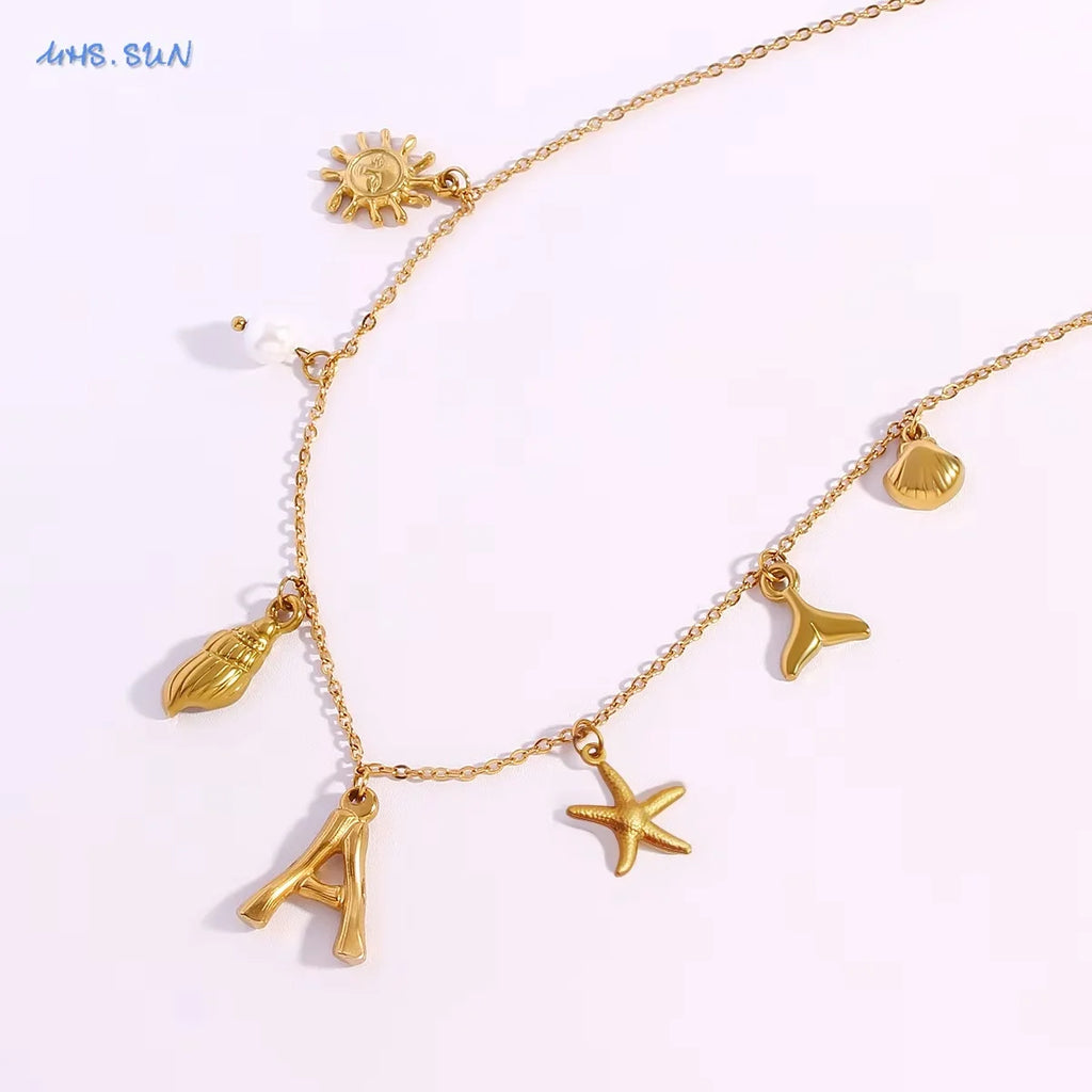 sun estrela do mar concha inicial colar à prova dwaterproof água 18k banhado a ouro aço inoxidável charme colares surfista menina verão praia presente