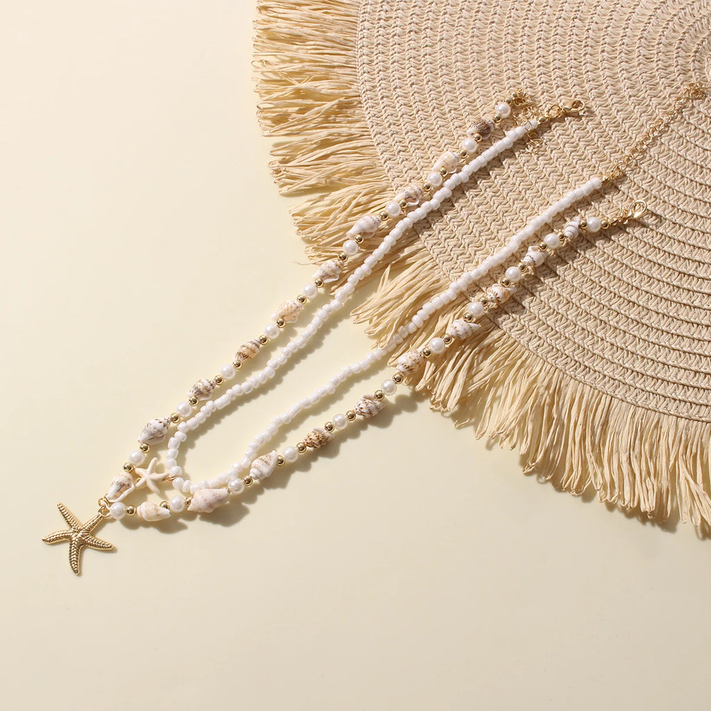2PCS Bohemian-style beach resort style shell starfish rice bead necklace, creative starfish pendant collarbone chain