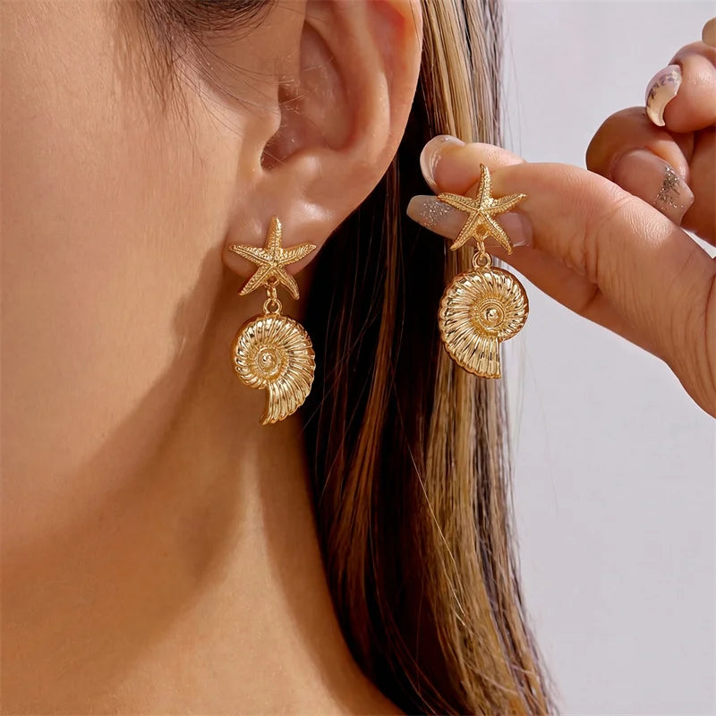 Boho Starfish Dangle Earrings for Women Gold Color Starfish Shell Metal Earring Summer Beach Party Vacation Charm Jewelry Gifts