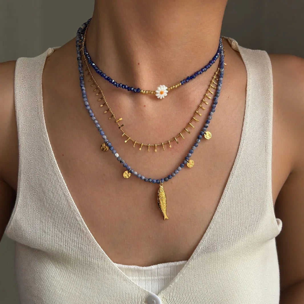 Oceano moda jóias natural lápis-lazúli spinel grânulo colar feminino verão metal peixe pingente versátil acessório