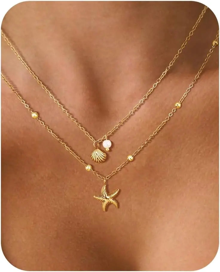 Colar feminino concha 14k banhado a ouro aço inoxidável em camadas estrela do mar concha pérola charme colar verão praia jóias