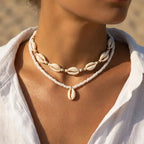 Colares Boêmios de Conchas em Camadas Duplas para Mulheres, Feitos à Mão com Contas de Arroz Brancas, Colar Curto Choker para Festa na Praia