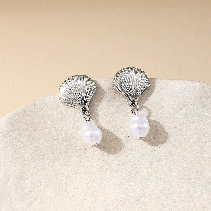 Summer Starfish Imitation Pearl Drop Earrings for Women Fashion Metal Shell Earring Summer Day Beach Vacation Style Jewelry Gift