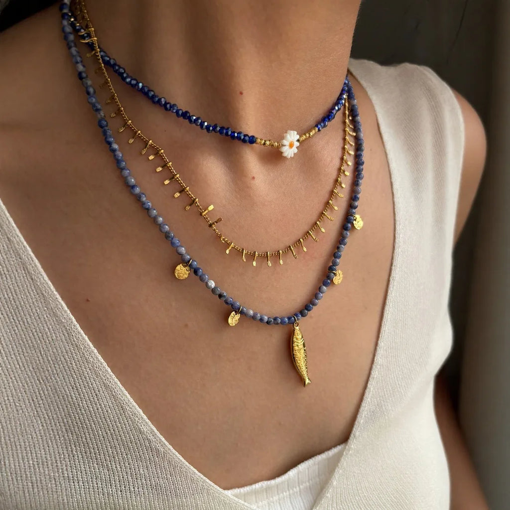 Oceano moda jóias natural lápis-lazúli spinel grânulo colar feminino verão metal peixe pingente versátil acessório