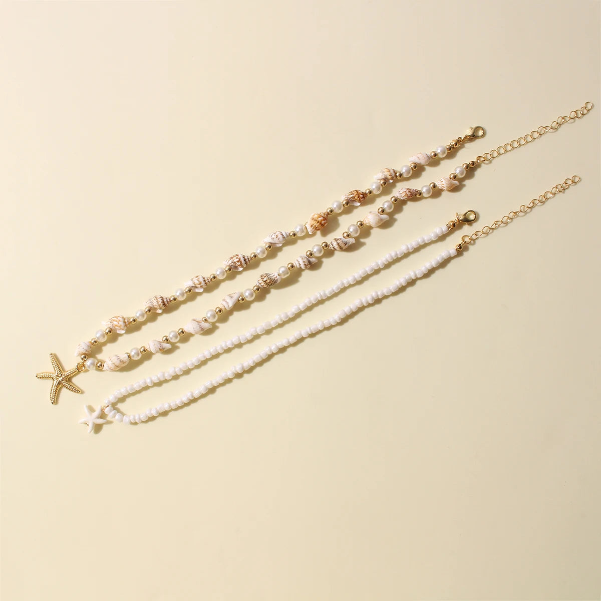 2PCS Bohemian-style beach resort style shell starfish rice bead necklace, creative starfish pendant collarbone chain